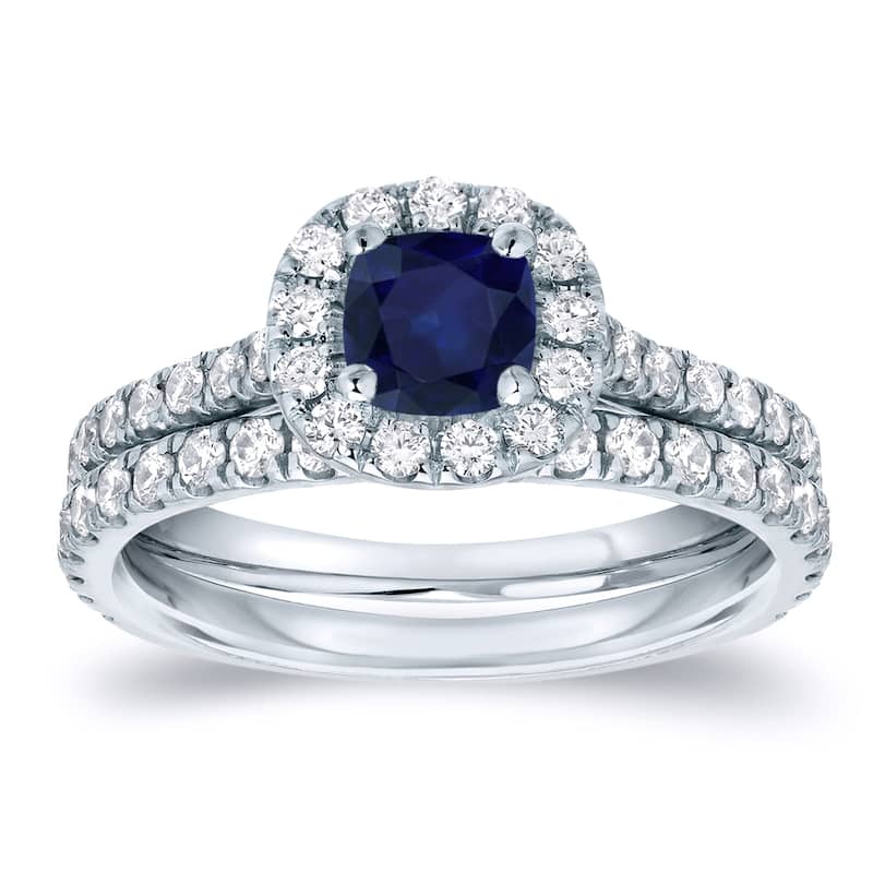 Auriya Platinum 2/5ct Blue Sapphire and 3/5ctw Halo Diamond Engagement Ring Set