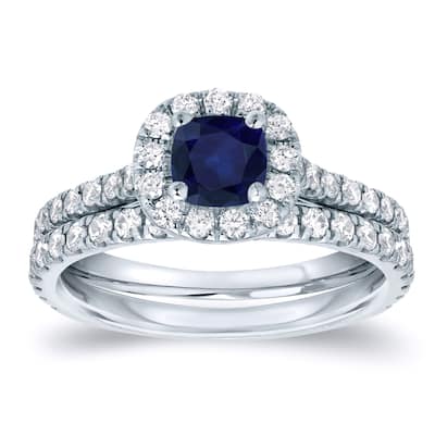 Auriya Platinum 2/5ct Blue Sapphire and 3/5ctw Halo Diamond Engagement Ring Set