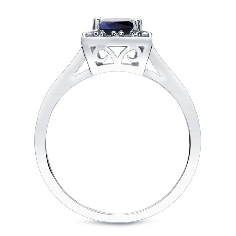 Platinum Square 1/3ct Blue Sapphire and 1/5ct Diamond Halo Engagement Ring