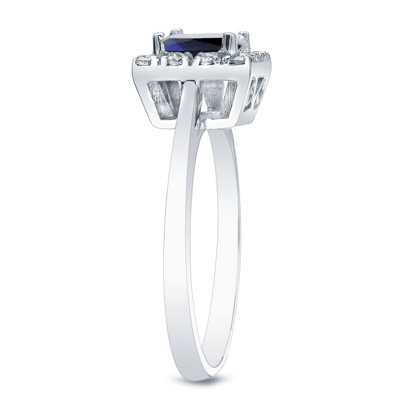 Platinum Square 1/3ct Blue Sapphire and 1/5ct Diamond Halo Engagement Ring
