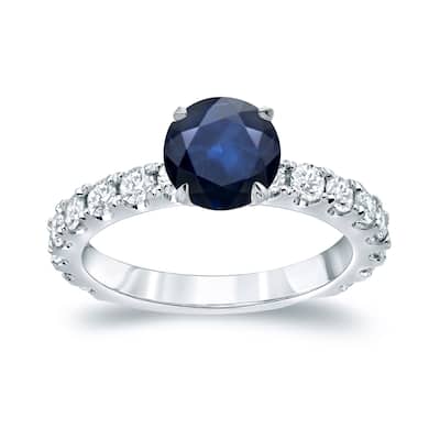 Platinum Round 1 1/2ct Round Sapphire and 1ct TDW Diamond Engagement Ring by Auriya