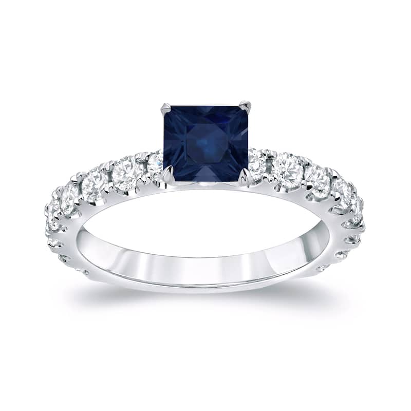 Platinum Round 3/4ct Princess Cut Sapphire and 1ct TDW Diamond Engagement Ring