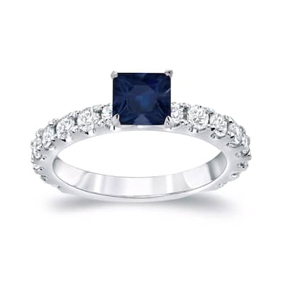 Platinum Round 3/4ct Princess Cut Sapphire and 1ct TDW Diamond Engagement Ring