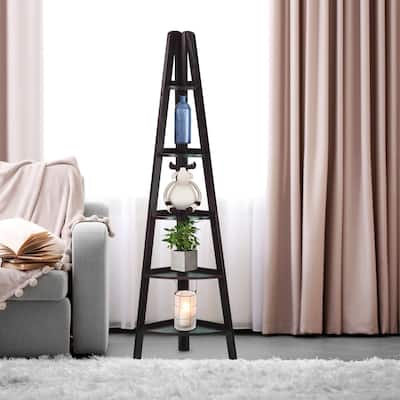 5-Shelf Corner Ladder Espresso Bookcase