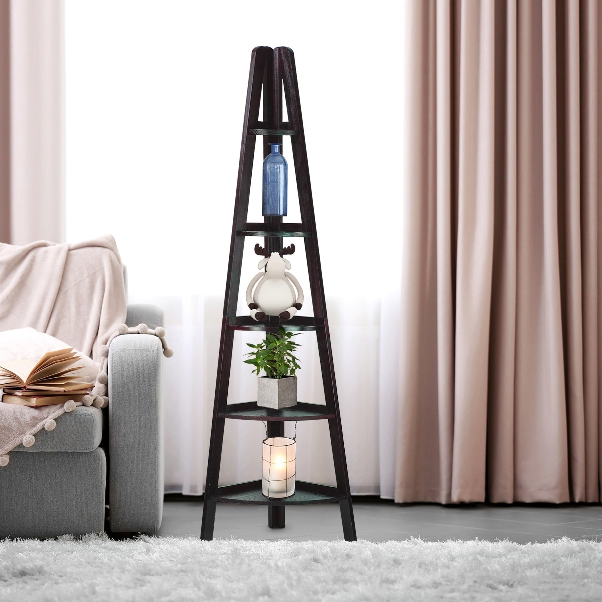 5-Shelf Corner Ladder Espresso Bookcase