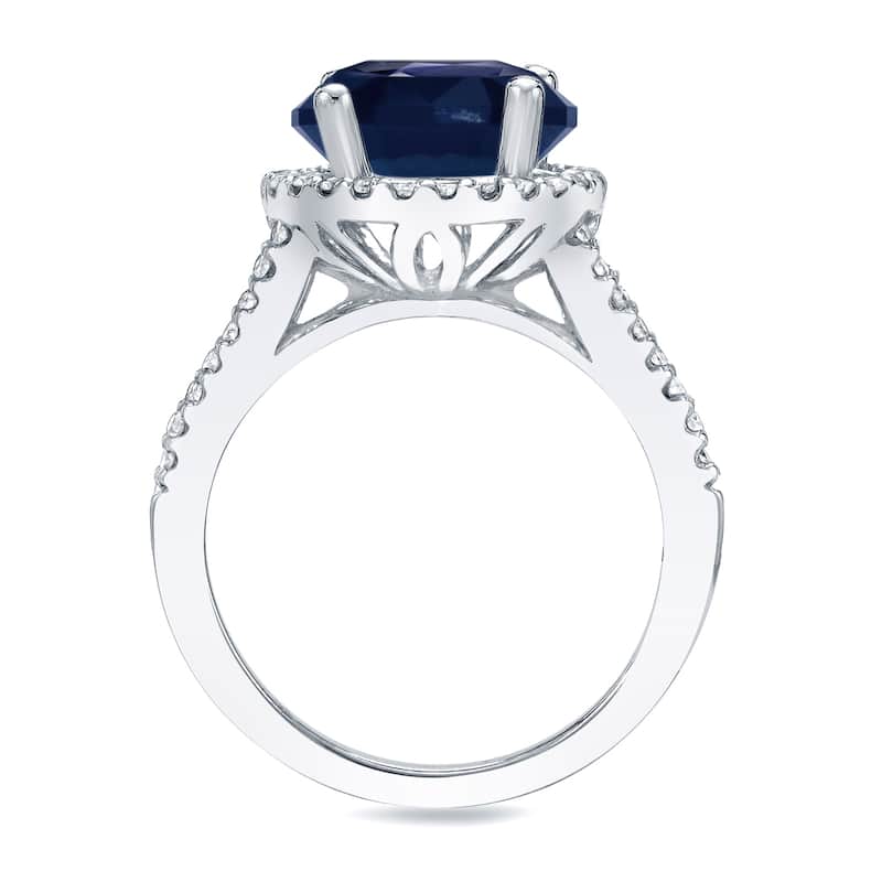 Platinum Round 1 1/5ct Sapphire and 1/2ct TDW Diamond Halo Engagement Ring by Auriya
