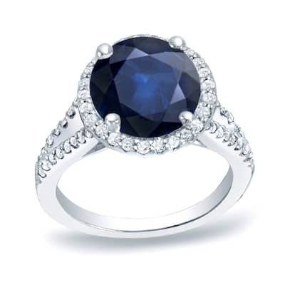 Platinum Round 1 1/5ct Sapphire and 1/2ct TDW Diamond Halo Engagement Ring by Auriya
