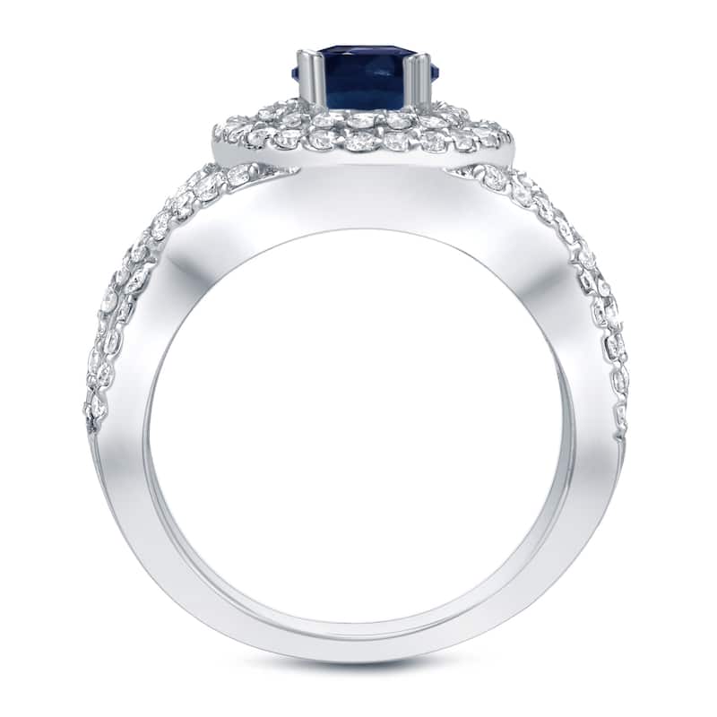 Platinum Round 1/2ct Sapphire and 1ct TDW Diamond Halo Engagement Ring by Auriya