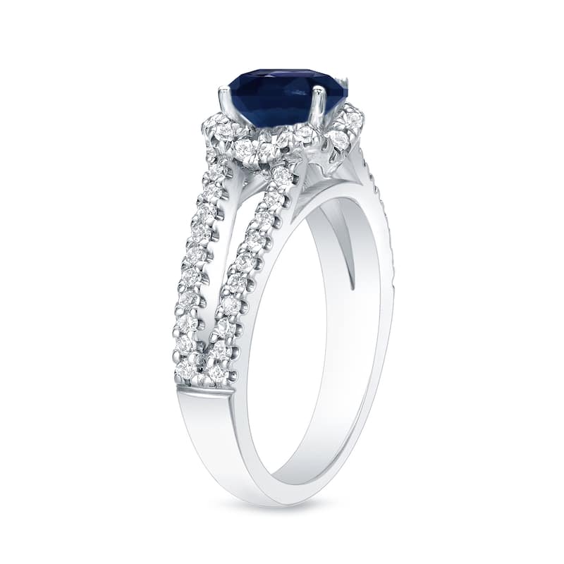 Platinum Round 3/4ct Sapphire and 1/2ct TDW Diamond Halo Engagement Ring by Auriya