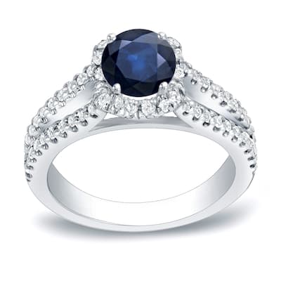 Platinum Round 3/4ct Sapphire and 1/2ct TDW Diamond Halo Engagement Ring by Auriya