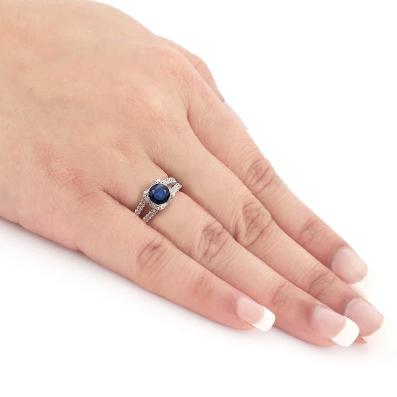 Platinum Round 3/4ct Sapphire and 1/2ct TDW Diamond Halo Engagement Ring by Auriya
