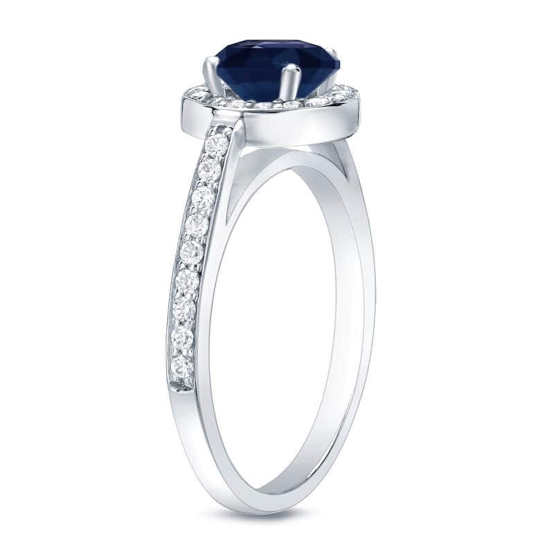 Platinum Round 3/4ct Sapphire and 1/3ct TDW Diamond Halo Engagement Ring by Auriya