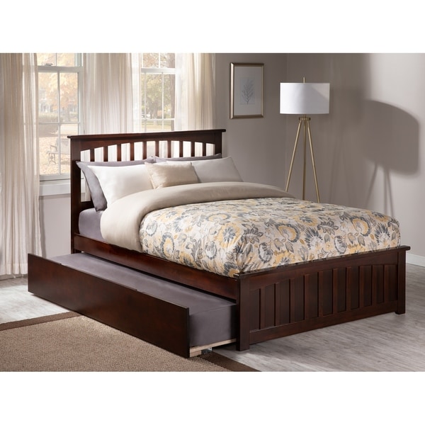Mission Full Platform Bed with Matching Foot Board with Twin Size Urban Trundle Bed in Walnut