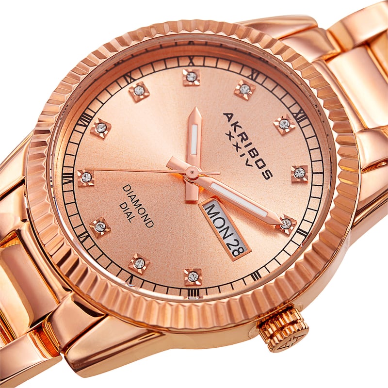 Akribos XXIV Women's Quartz Diamond Date Stainless Steel Rose-Tone Bracelet Watch