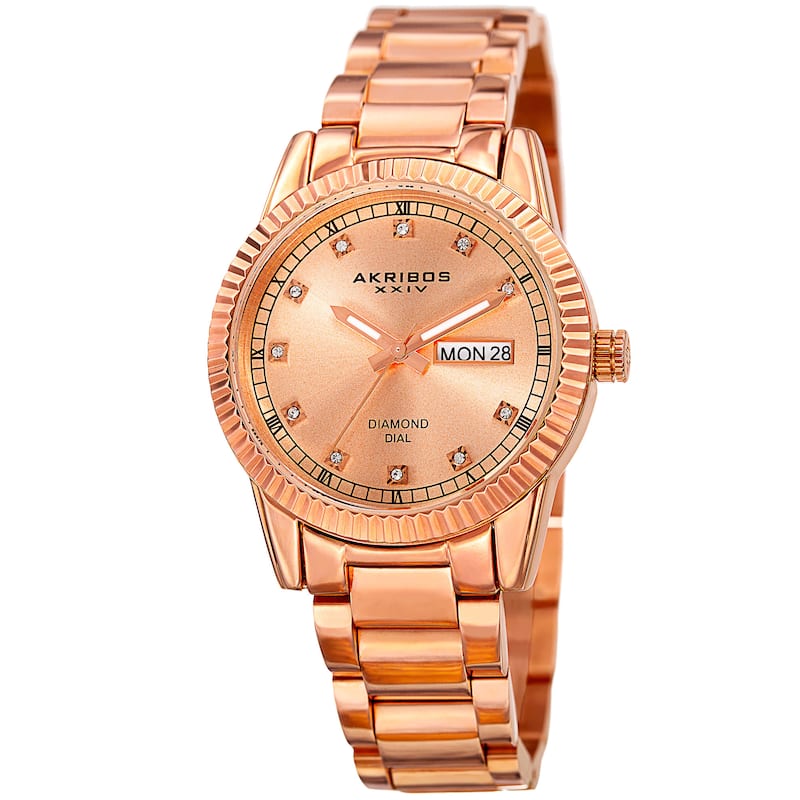 Akribos XXIV Women's Quartz Diamond Date Stainless Steel Rose-Tone Bracelet Watch