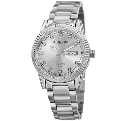 Akribos XXIV Women's Quartz Diamond Date Stainless Steel Silver-Tone Bracelet Watch