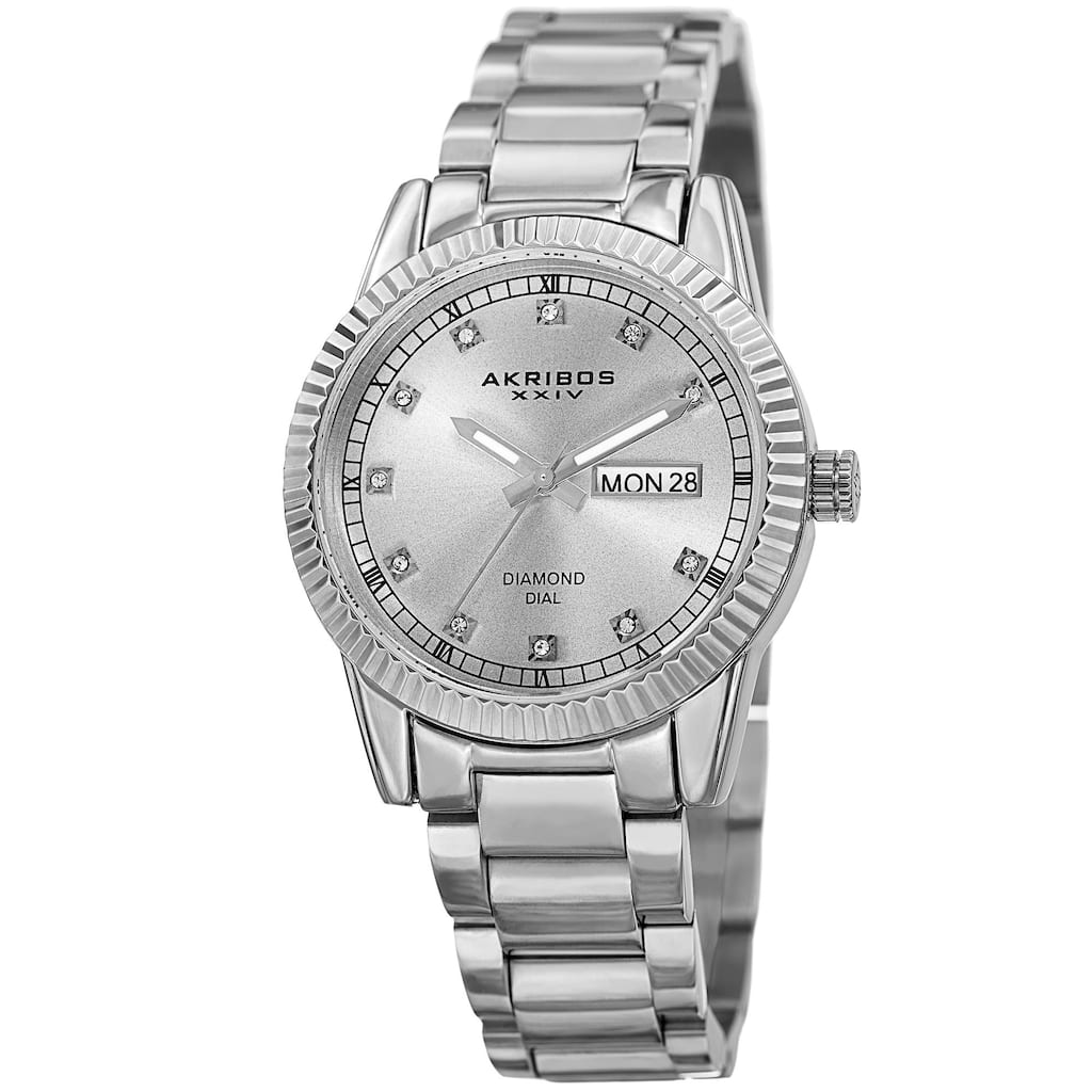 Akribos XXIV Women's Quartz Diamond Date Stainless Steel Silver-Tone Bracelet Watch
