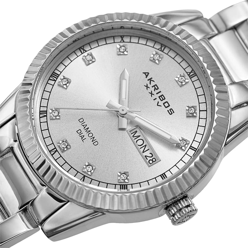 Akribos XXIV Women's Quartz Diamond Date Stainless Steel Silver-Tone Bracelet Watch
