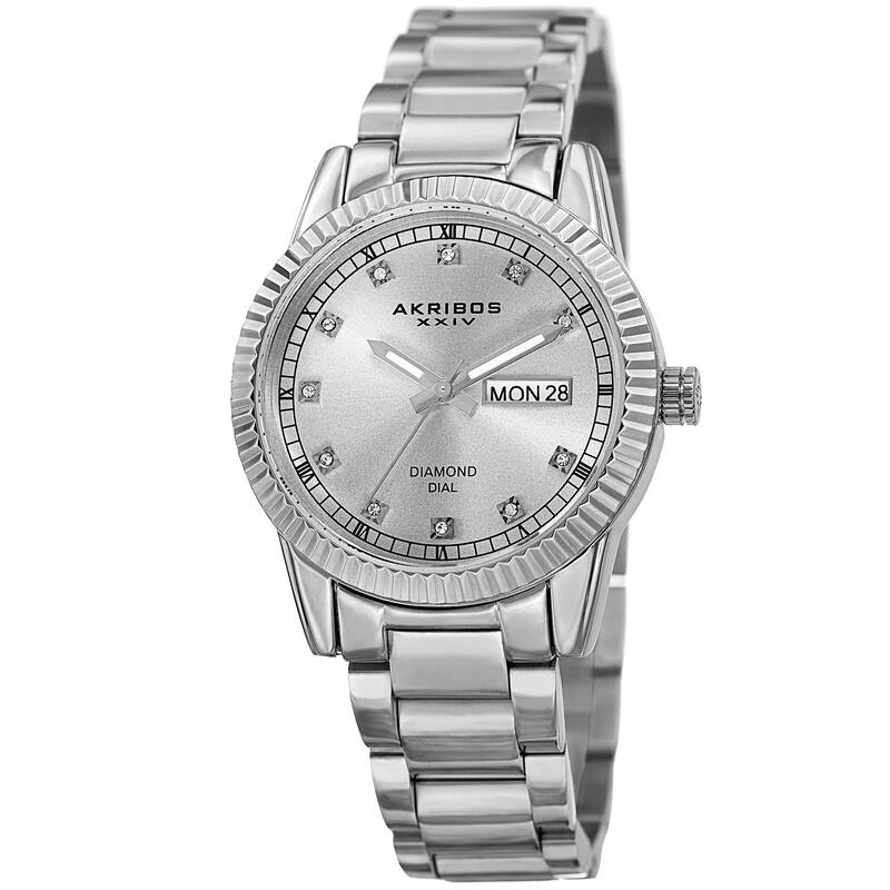 Akribos XXIV Women's Quartz Diamond Date Stainless Steel Silver-Tone Bracelet Watch
