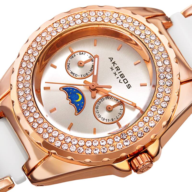 Akribos XXIV Women's Quartz Multifunction Crystal Rose-Tone/White Bracelet Watch