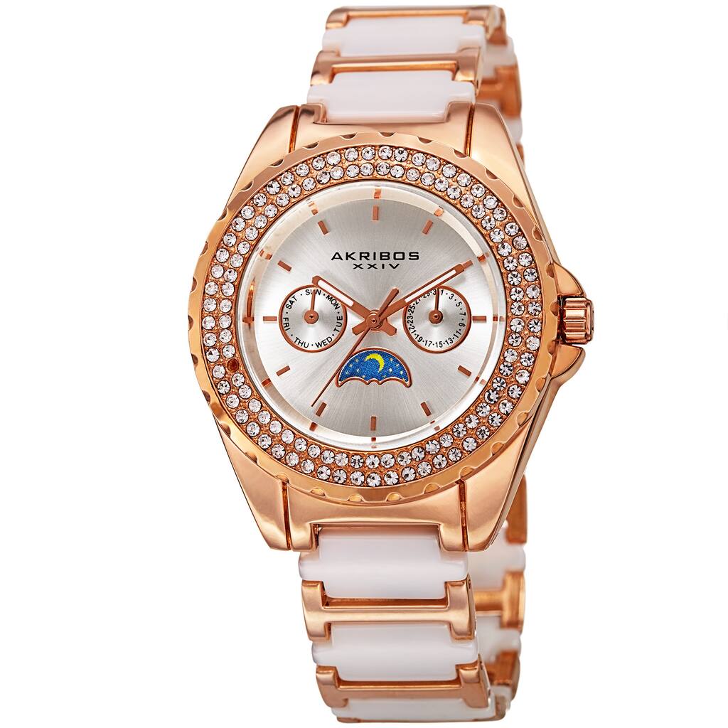 Akribos XXIV Women's Quartz Multifunction Crystal Rose-Tone/White Bracelet Watch