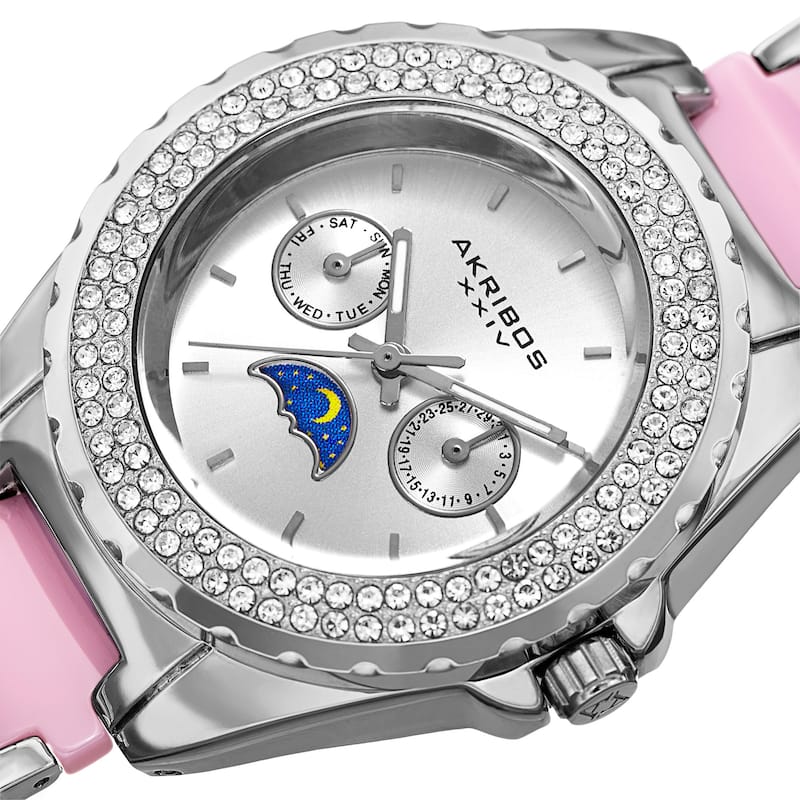 Akribos XXIV Women's Quartz Multifunction Crystal Silver-Tone Bracelet Watch