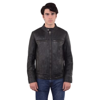 Men's Moto Solid-color Leather Zip-front Jacket