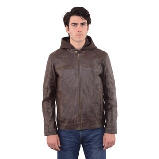 leather moto jacket with removable hood