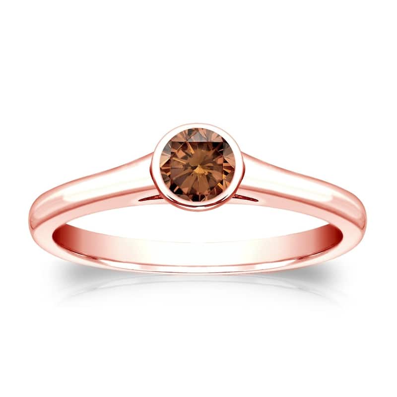 Auriya 1/4cttw Round Bezel Set Solitaire Brown Diamond Ring 14k Gold - 4 - Rose