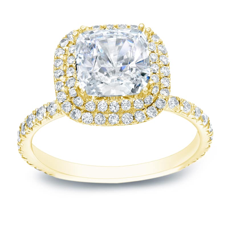 Auriya 14k Gold 1 3/4ct TDW Certified Cushion Cut Diamond Halo Engagement Ring - 4 - Yellow