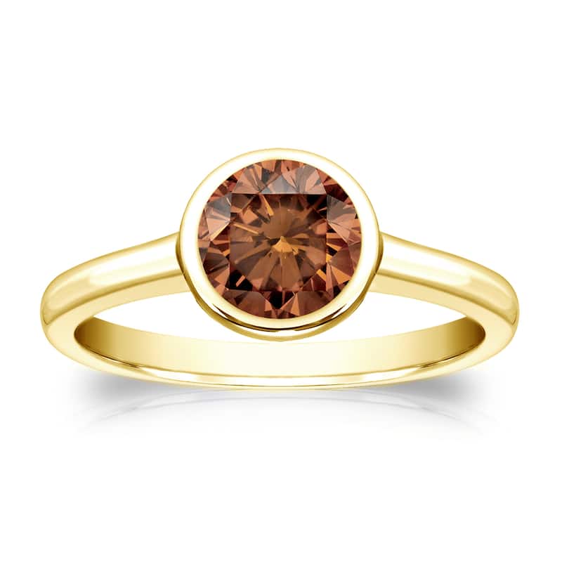 Auriya 3/4cttw Round Bezel Set Solitaire Brown Diamond Ring 14k Gold - 4 - Yellow