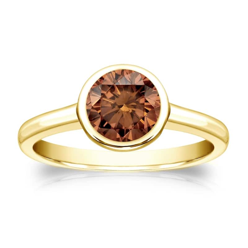 Auriya 1cttw Round Bezel Set Solitaire Brown Diamond Ring 14k Gold - 4 - Yellow