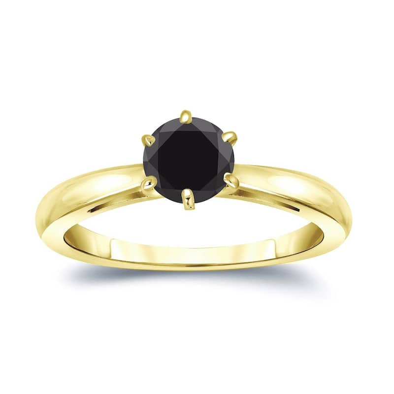 Auriya 1/2ctw Round Solitaire Black Diamond Engagement Ring 14k Gold 6-Prong - 4 - Yellow
