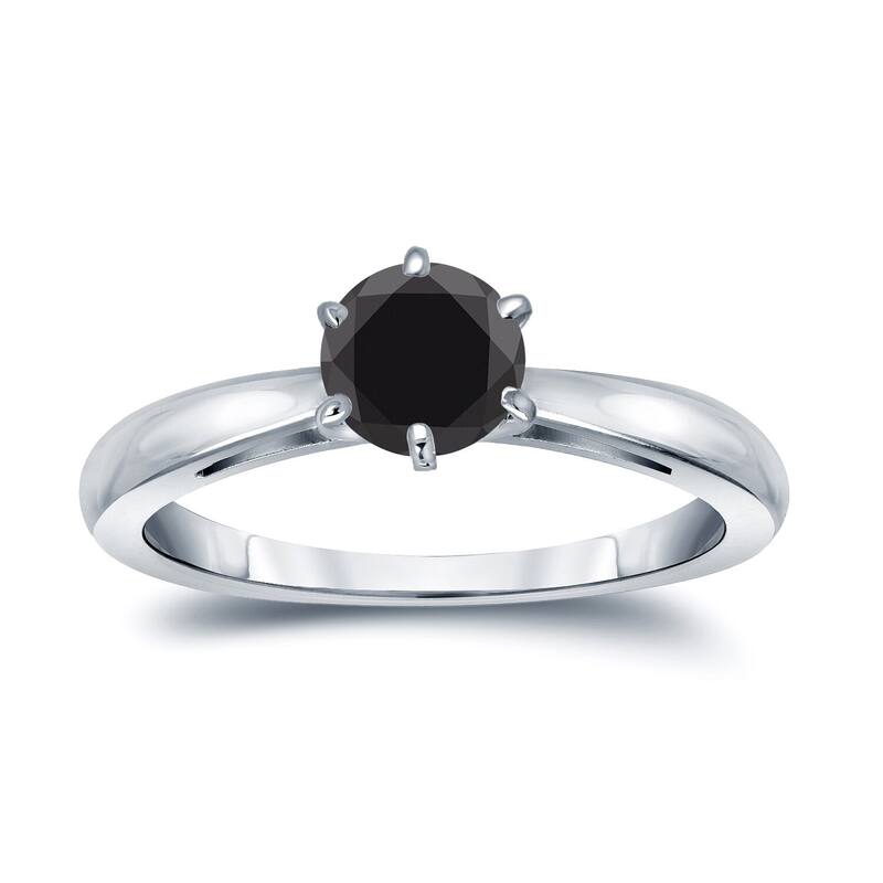 Auriya 1/2ctw Round Solitaire Black Diamond Engagement Ring 14k Gold 6-Prong - 4 - White
