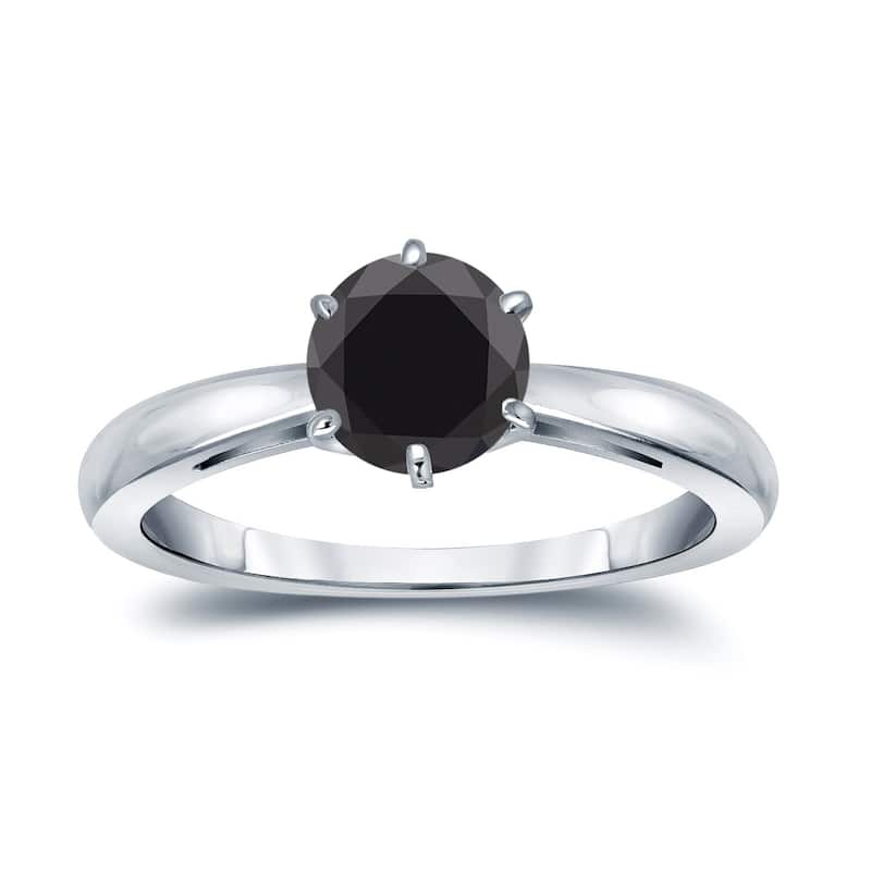 Auriya 14k gold 1 1/4 carat TW Round 6-prong Solitaire Black Diamond Engagement Ring - 4 - White