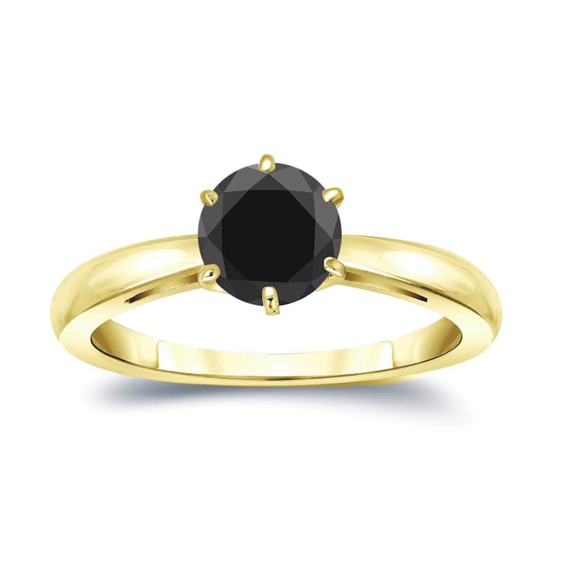 Auriya 14k gold 1 1/4 carat TW Round 6-prong Solitaire Black Diamond Engagement Ring - 4 - Yellow