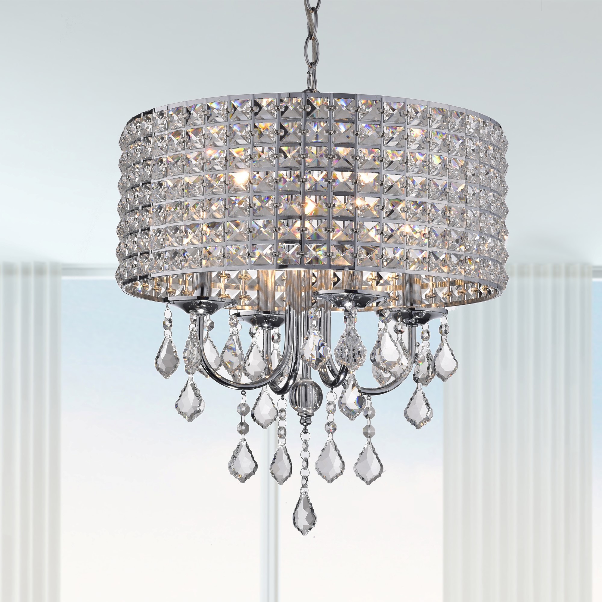 Chione Metal Crystal 4-light Drum Chandelier (Chrome) - Chandeliers For Bedrooms by Overstock.com