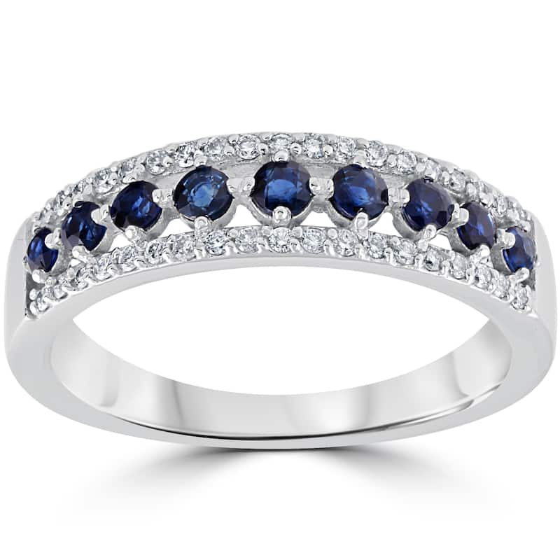 14k White Gold 5/8 cttw Blue Sapphire & Diamond Wedding Ring Womens Anniversary Band