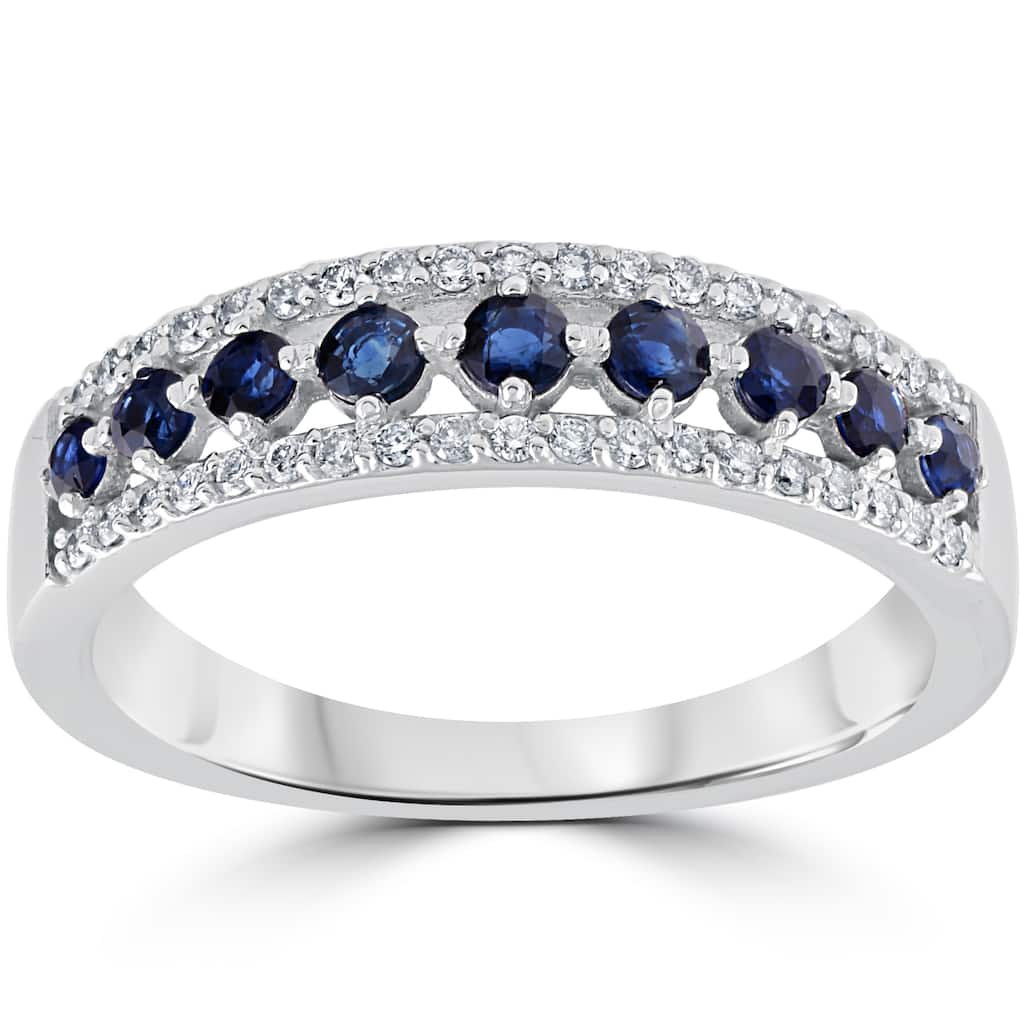 14k White Gold 5/8 cttw Blue Sapphire & Diamond Wedding Ring Womens Anniversary Band