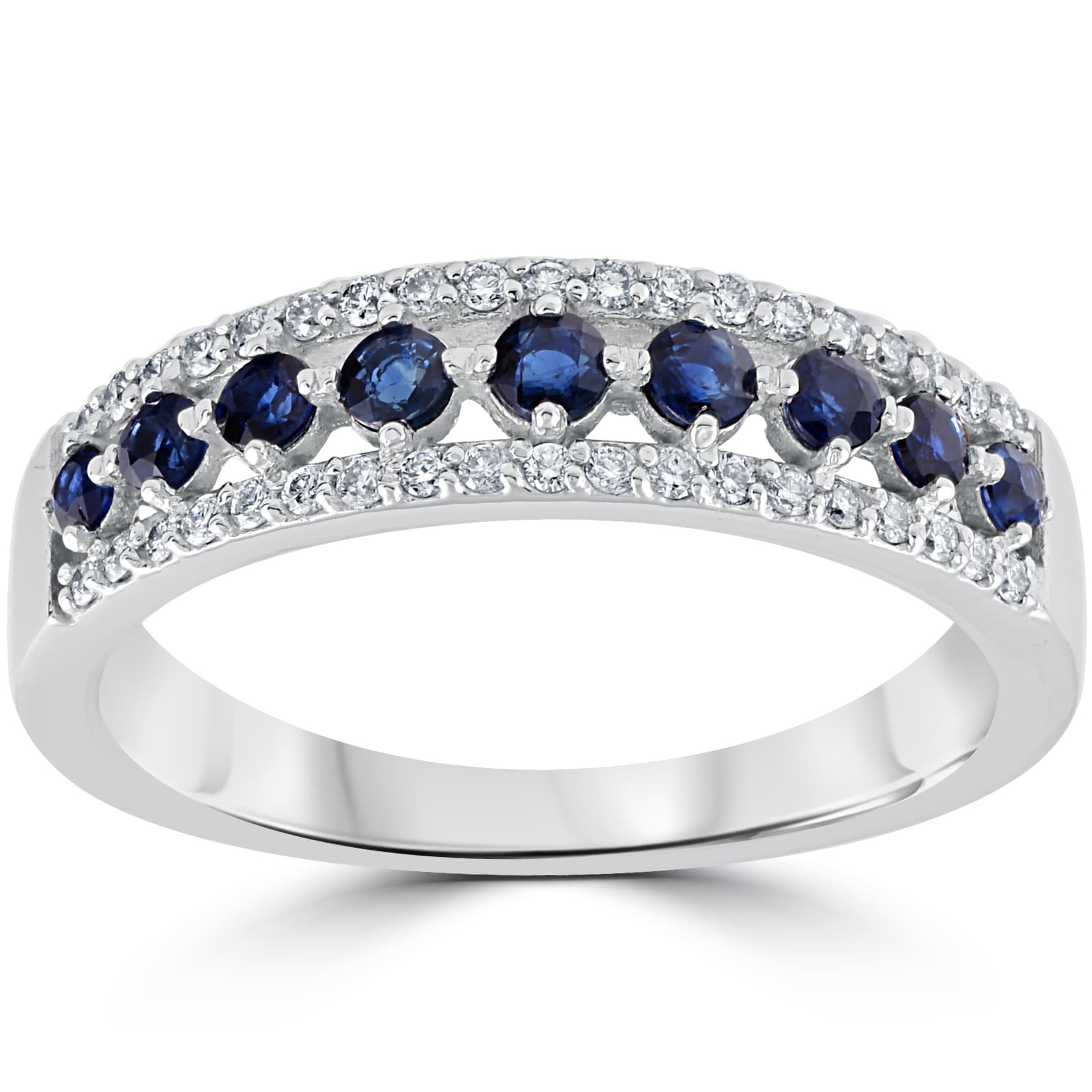 14K Gold Round Blue Sapphire /& White Diamond Ladies Wedding Band Guard Double Ring