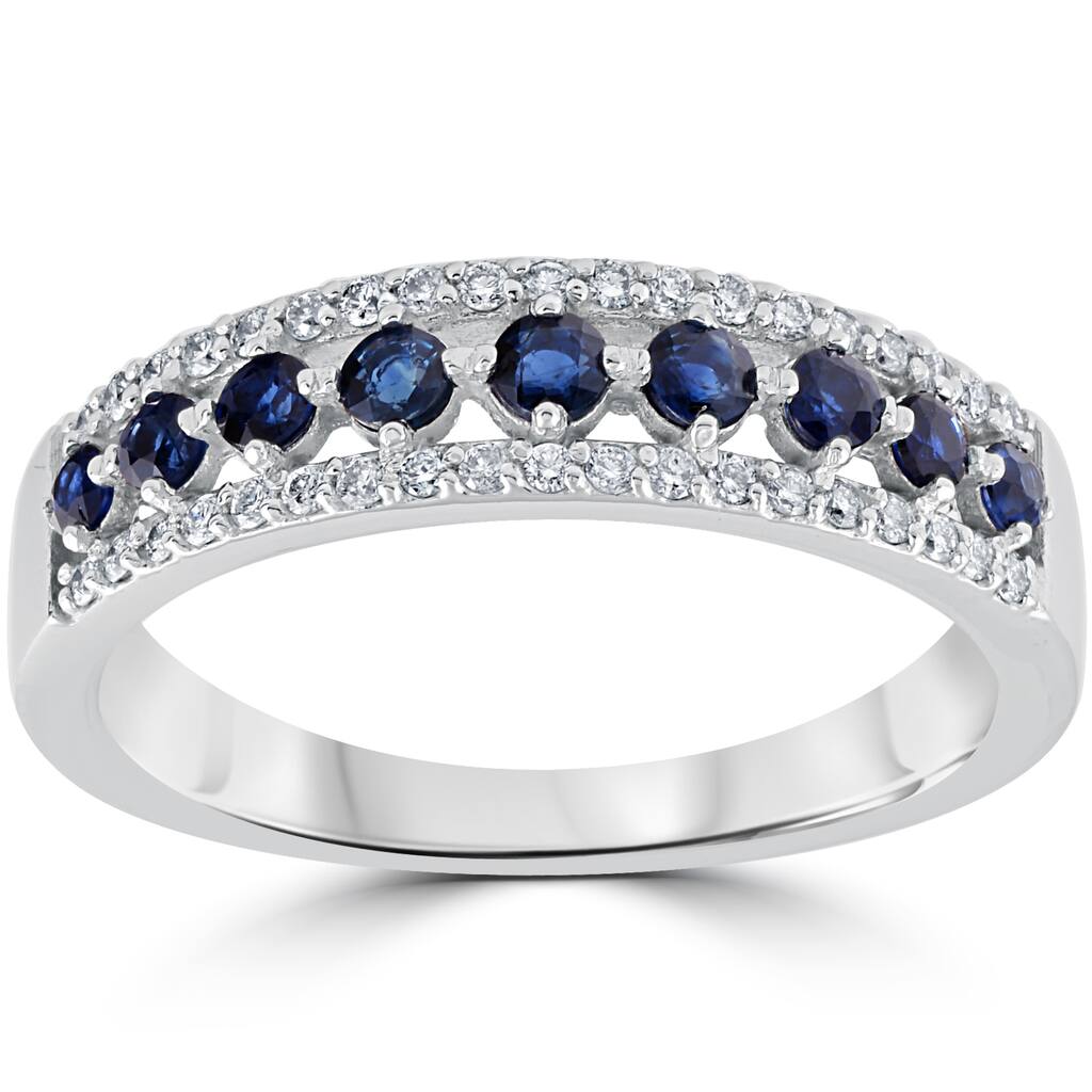 14k White Gold 5/8 cttw Blue Sapphire & Diamond Wedding Ring Womens Anniversary Band