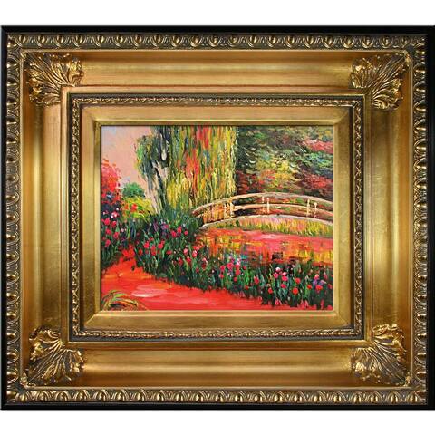 Claude Monet 'The Japanese Bridge' (The Water-Lily Pond, Water Irises) Hand Painted Framed Oil Reproduction on Canvas