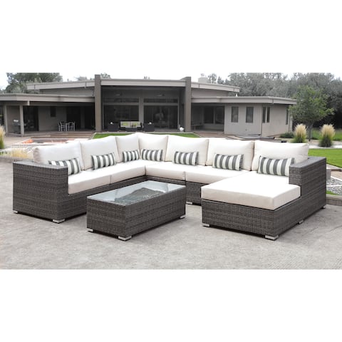 Solis Lusso 7-piece Outdoor Sectional Grey Rattan Patio with White Cushions and Grey/White Toss Pillow
