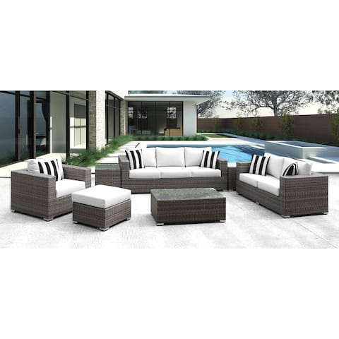 Solis Lusso 7-piece Outdoor Sofa Grey Wicker Rattan with White Cushions and Black/White Stripe Pillows