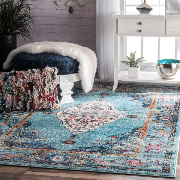 Nuloom Traditional Distressed Medallion Aqua Rug 7 10 X 11 Nuloom Traditional Distressed Medallion Aqua Rug 7 X27 10 X