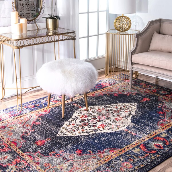 nuLOOM Traditional Distressed Medallion Navy Rug - 7'10 x 11'