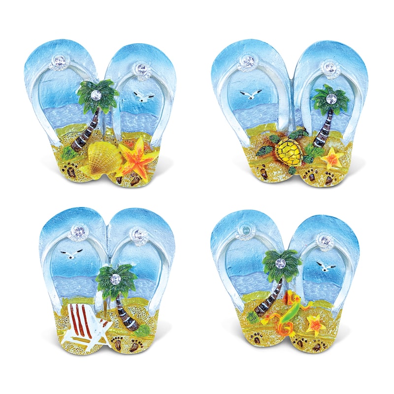 Puzzled 'Flip Flops' Multicolor Resin Refrigerator Silver Beach Magnets (Pack of 4)