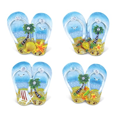 Puzzled 'Flip Flops' Multicolor Resin Refrigerator Silver Beach Magnets (Pack of 4)