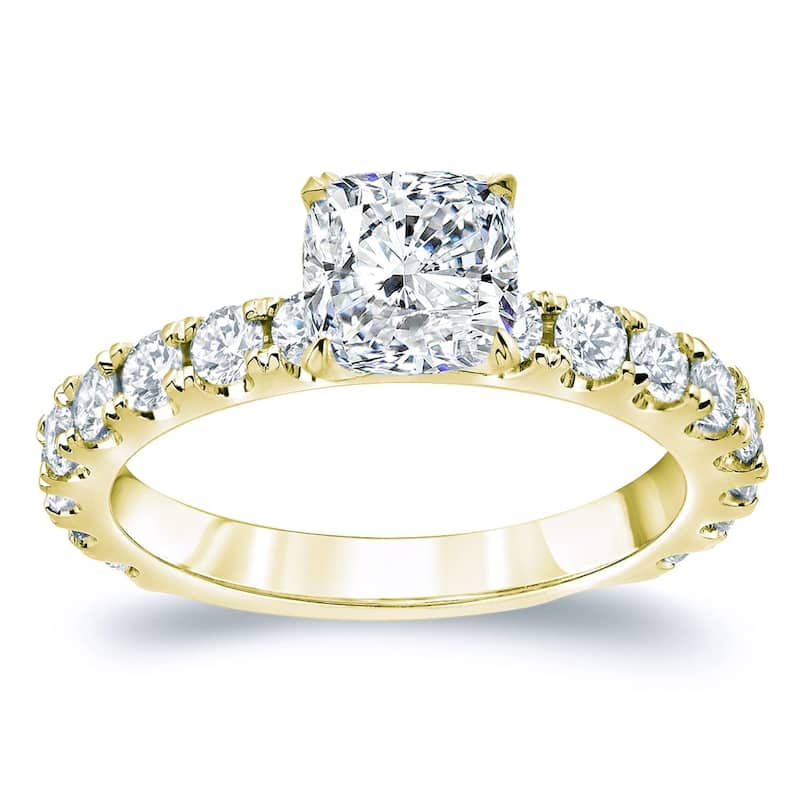 Auriya 14k Gold 2 carat TW Side-stone Cushion-cut Diamond Engagement Ring (H-I, VS1-VS2) - 4 - Yellow
