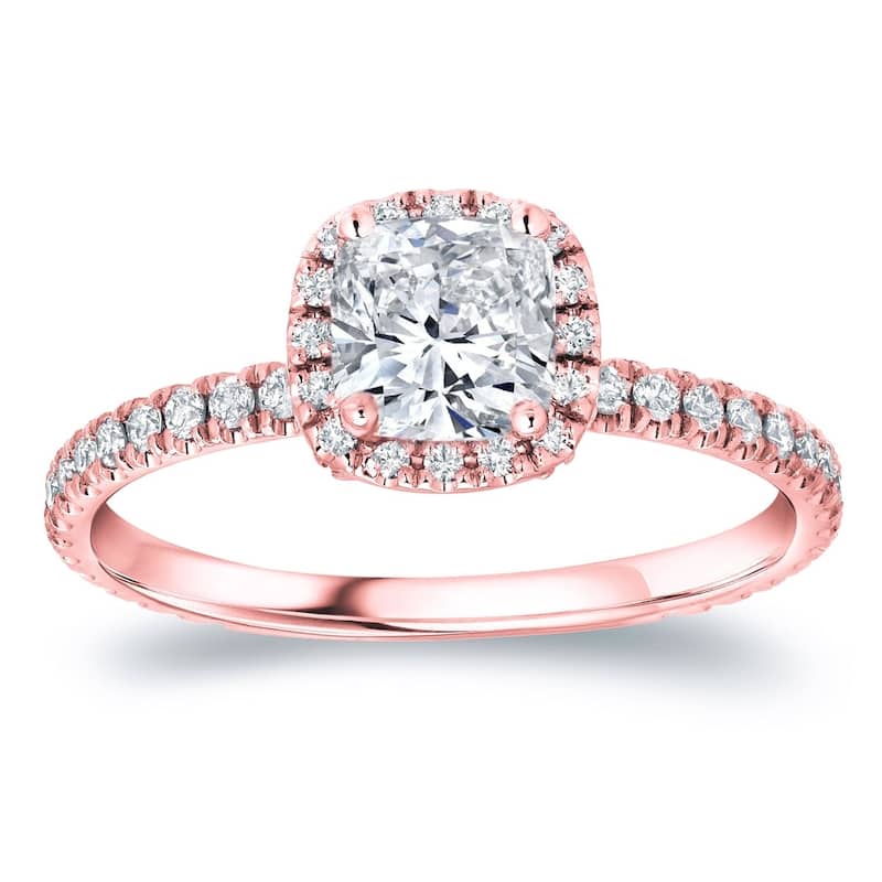 Auriya 14k Gold 1 1/2ctw Cushion-cut Halo Diamond Engagement Ring - 4 - Rose